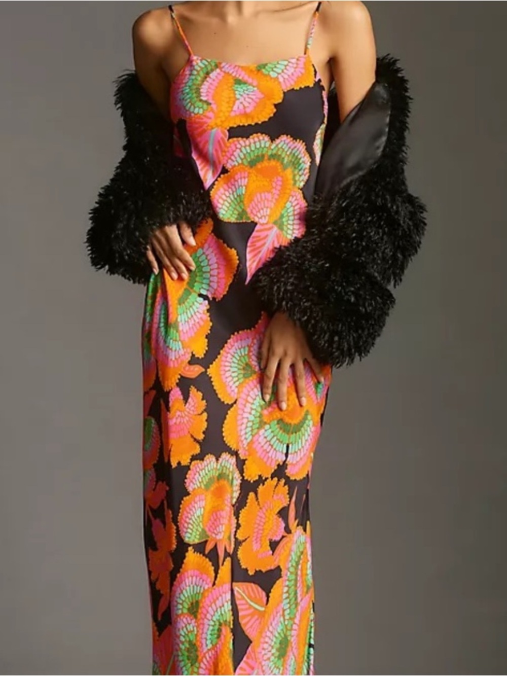 Farm Rio for Anthropologie Black Floral Slip Dress with Neon Floral Print